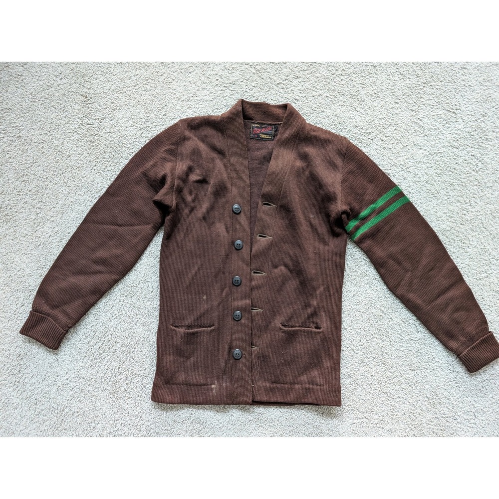 Vintage Wil Wite Varsity Award Cardigan Sweater Mens M Brown Knit Green Sleeve